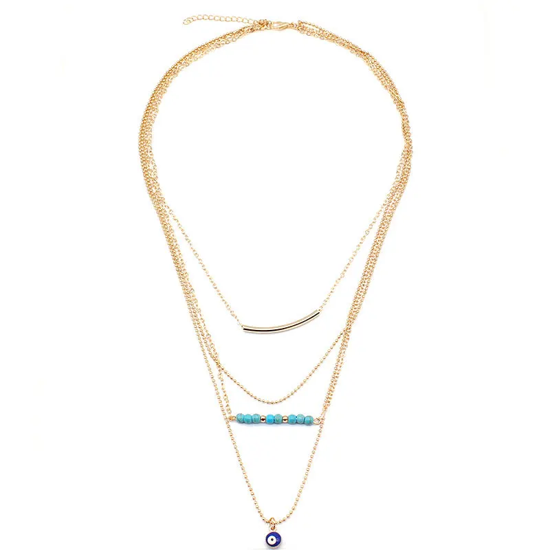 

New Natural Beads Tassel Multilayer Choker Chain Necklace Women Blue Eyes Long Statement Necklace Jewelry