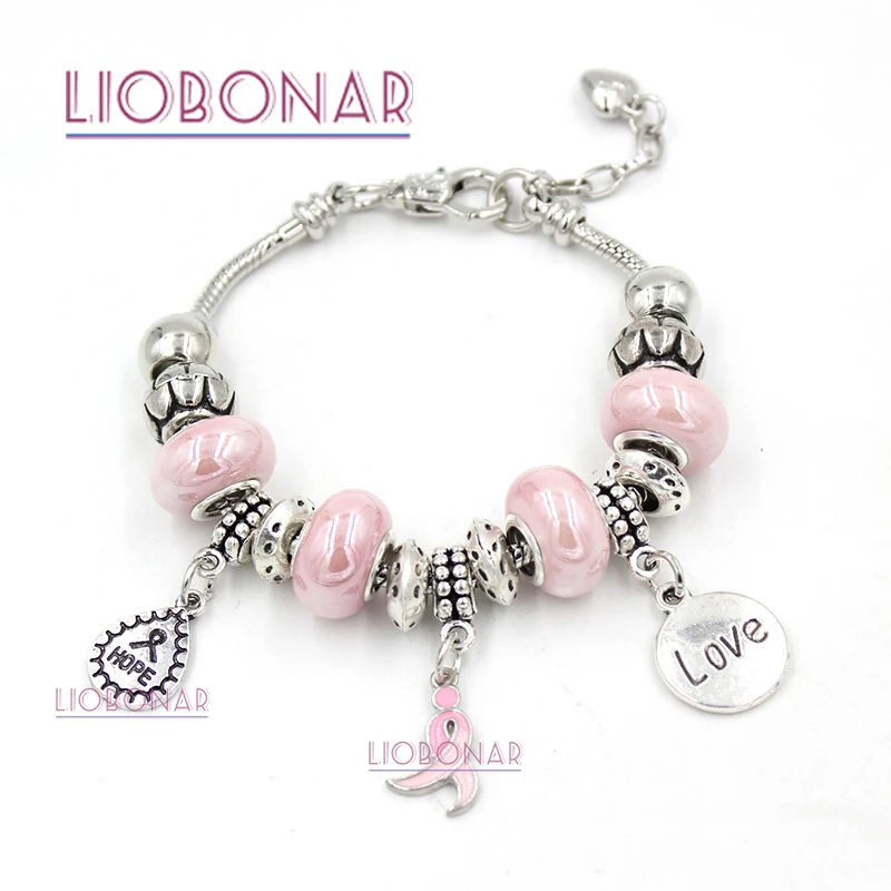 

1PC Breast Cancer Awareness Bracelet Jewelry Snake Chain Love Hope Pink Ribbon Charm Bracelets for Cancer Center Foundation Gift