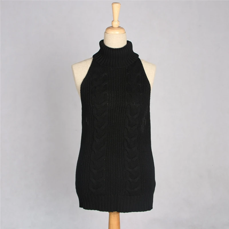 Женский трикотажный свитер без рукавов с высоким воротником и открытой спиной |