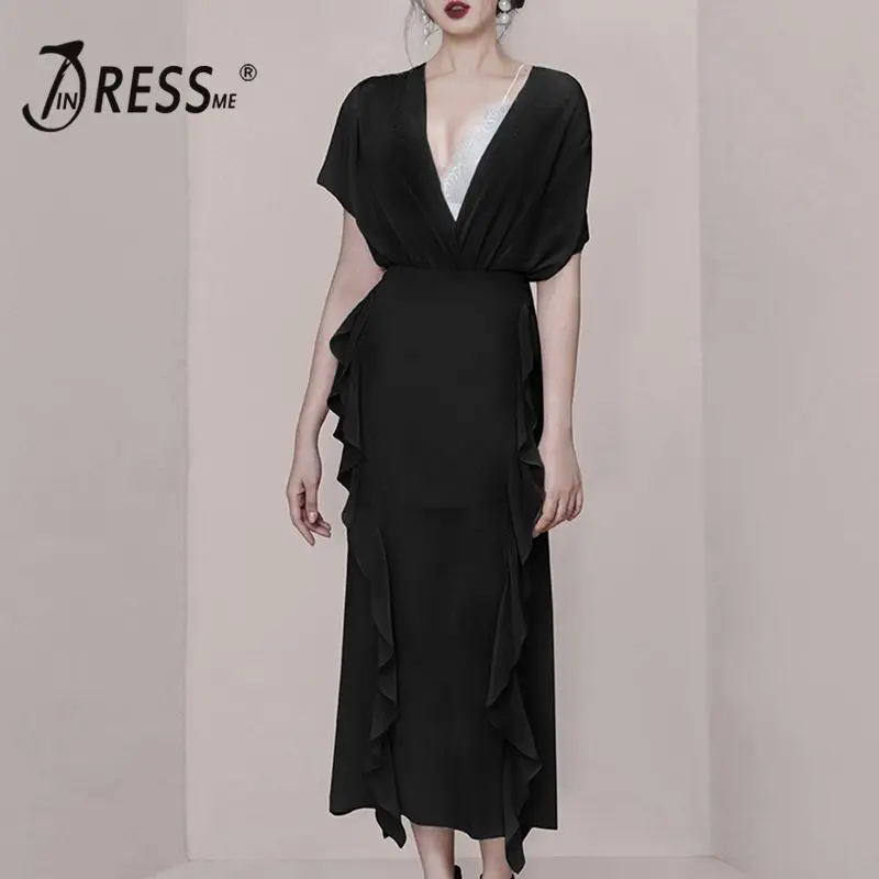 

INDRESSME Summer Style Solid Black V-neck Short Sleeve Top High Waist Ruffles Midi Skirt 2019 Fashion Women Set