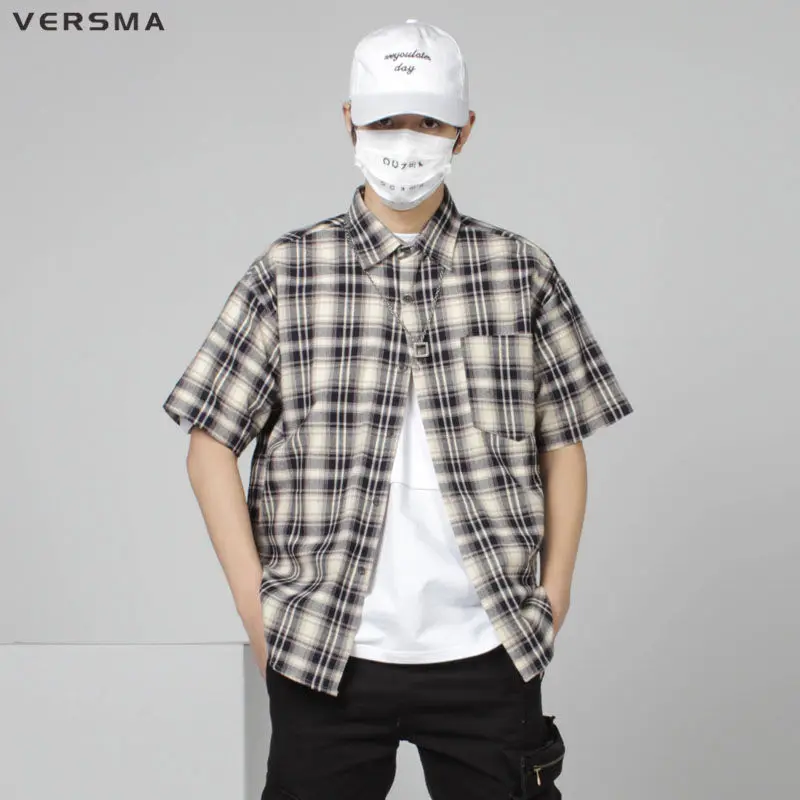 VERSMA Korean Harajuku Ulzzang Graffiti Printed Plaid Shirts Men Hip Hop Streetwear Vintage BF Oversized Short Sleeve Shirt Male | Мужская