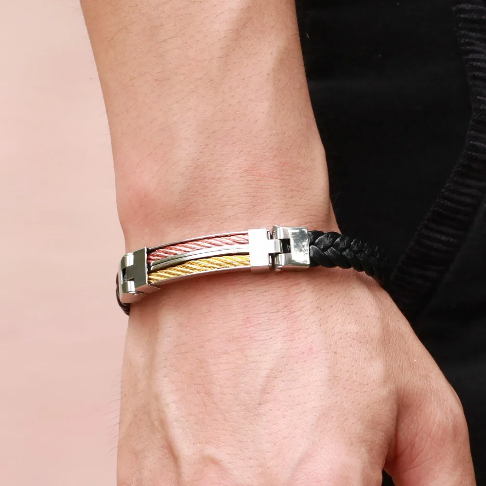 SIZZZ 19cm long 10mm wide fashion jewelry personality men stainless steel leather Bracelet&ampBangles for | Украшения и