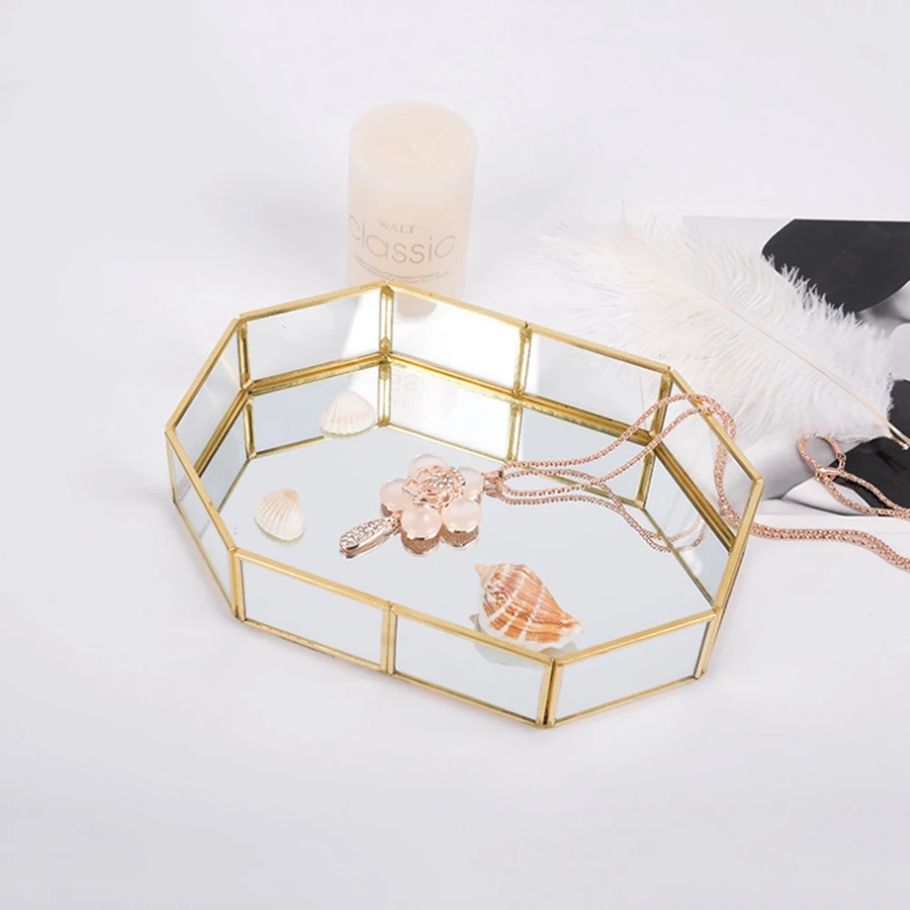 Nordic Style Glass Copper Geometry Storage Baskets Box Simplicity Style Home Organizer For Jewelry Necklace Dessert Plate