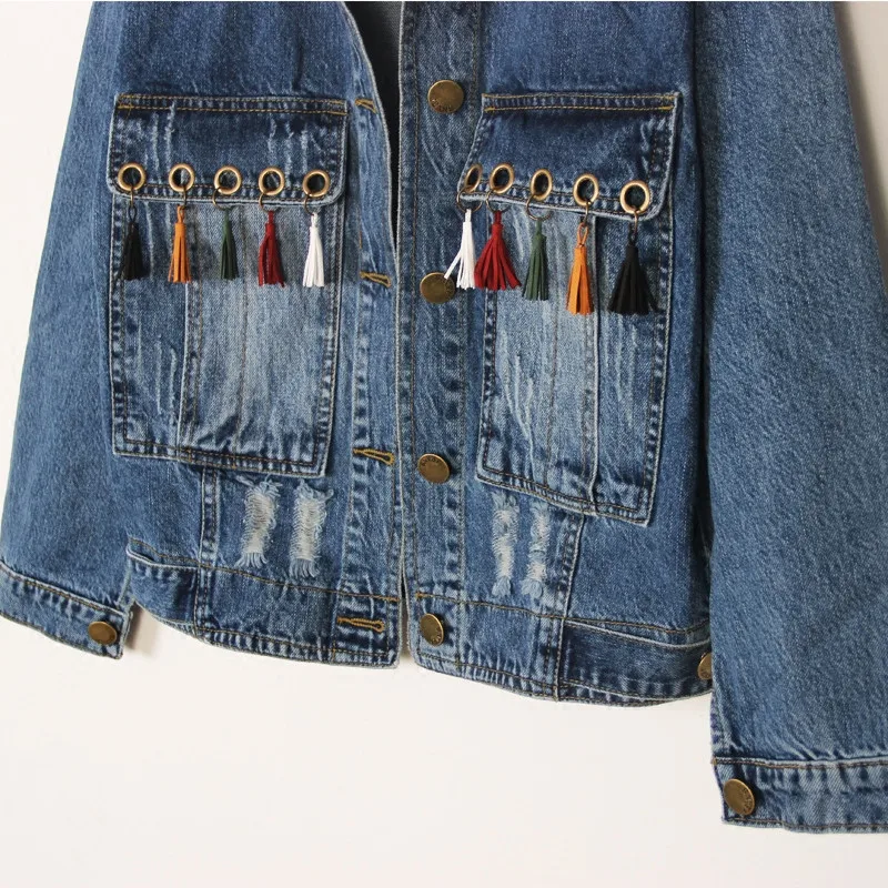 Женская джинсовая куртка с бахромой и карманами осень 2017 ковбойская короткая