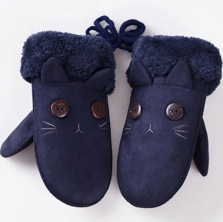 B Dark Blue Модные детские варежки с милым кроликом и медведем из мультфильма для мальчиков и девочек, зимний плюшевый кашемир, толстые теплые замшевые кожаные перчатки 100H - Цвет: B Dark Blue