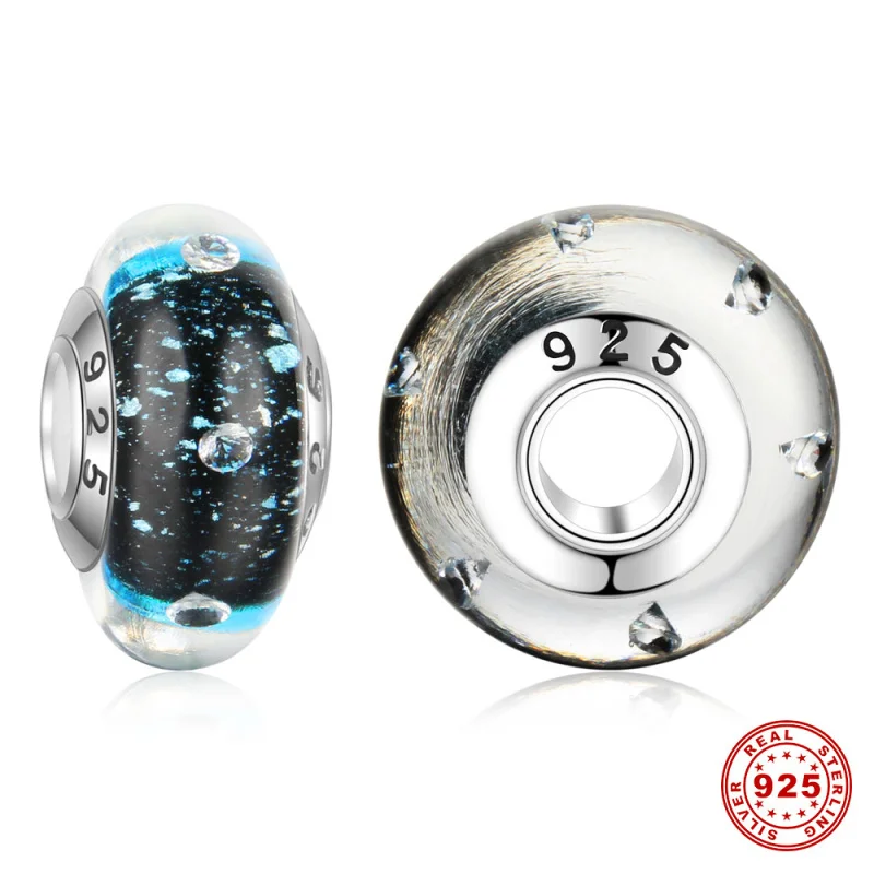 5pcs/lot S925 Sterling Silver Core Black Blue Sands Lampwork Murano Glass Beads For European Charm Bracelets Necklaces DSG06 | Украшения и
