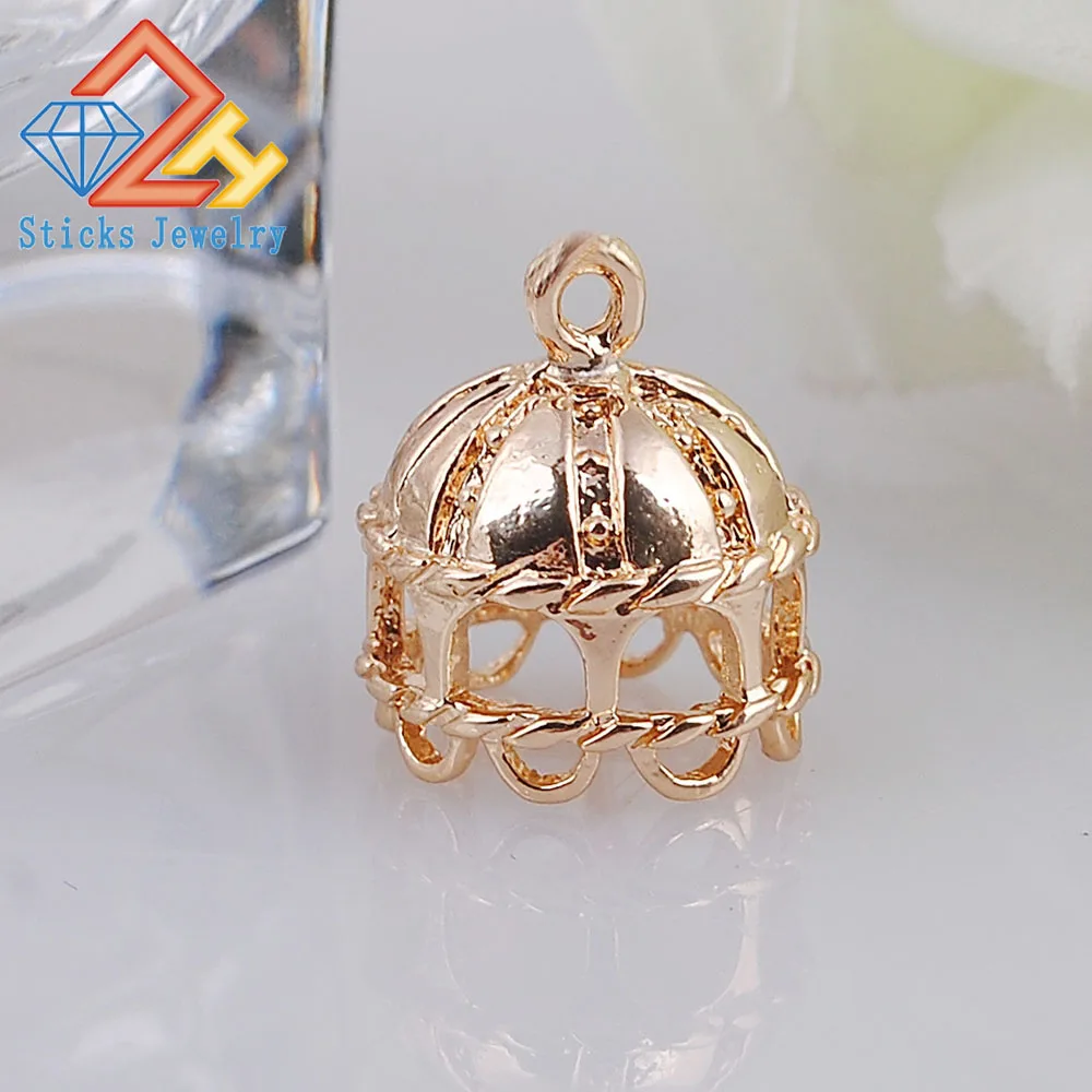 

2 pcs/lot Sticks Jewelry 13 mm Fashion Charms Gold Plate Copper Hollow Out Crown Tassels and Cap Charms for Diy Accessories