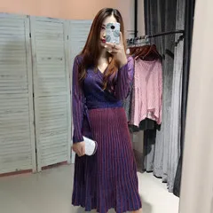 purple Cakucool женское вязаное шикарное весеннее платье с длинным рукавом и v-образным вырезом, сексуальное серебристое плиссированное платье с люрексом, элегантное платье для вечеринок - Цвет: purple