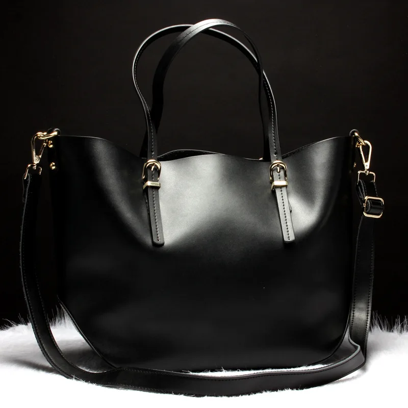 

100% Genuine Leather Women Bag Portable Shoulder Bags Ladies Large Capacity Casual Tote Bag Simple Female Dress Handbags Black