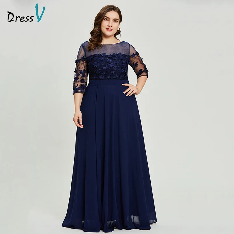 Dressv темно-синее длинное вечернее платье размера плюс, недорогое ТРАПЕЦИЕВИДНОЕ торжественное платье с рукавами 3/4 для свадебной вечеринки, вечернее платье с аппликацией es - Цвет: Dark Navy