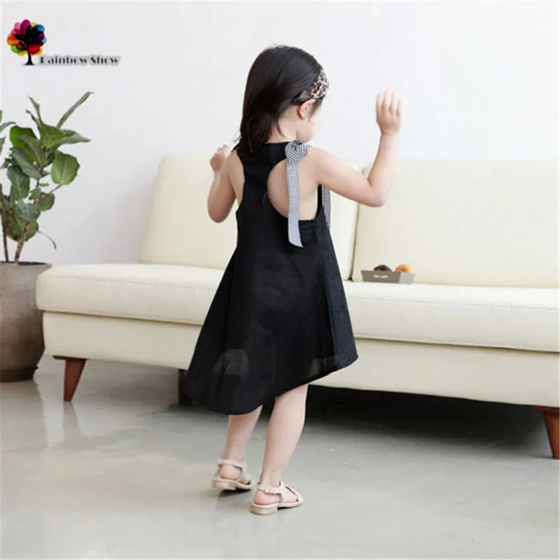 

GGOGGIRI Brand New Children Clothing Summer Girls Solid Elegant Quality Cotton Shoulder Bow Sleeveless Dress Fashion Dresses