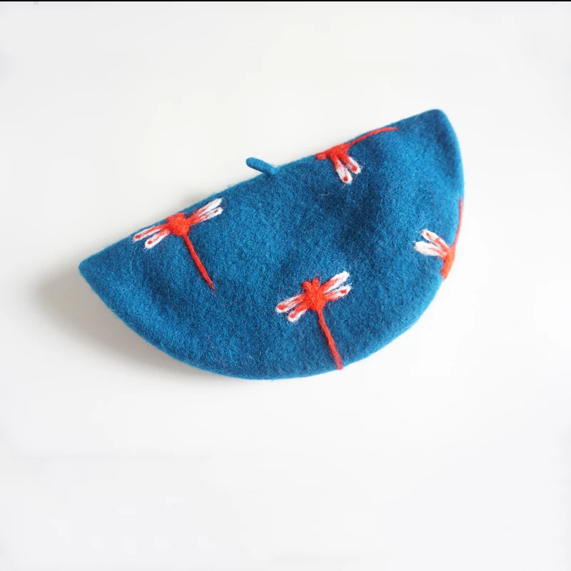 Faramita Holiday Brand Design Hand-made Winter Women Girls Berets Wool Felt Manual Dragonfly Cute Beret Hats Blue Caps Round | Аксессуары