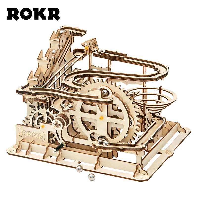 ROKR DIY мраморная игра 3D деревянная головоломка зубчатый привод водное колесо Модель американских горок Строительный набор игрушки для детей и взрослых LG501