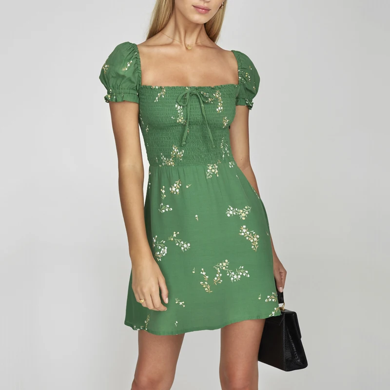 Зеленый сарафан с цветочным принтом в стиле ампир мини женское винтажное платье