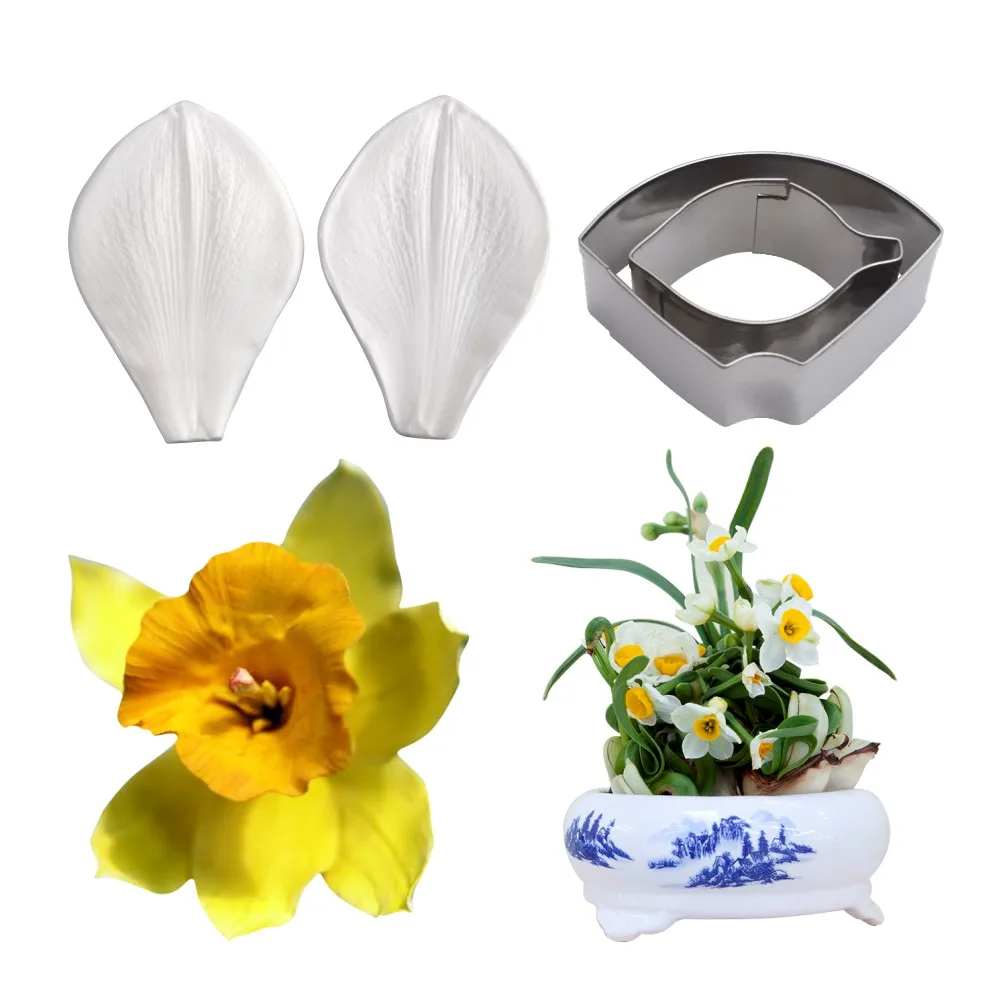 

4pcs Daffodil Veiner Impression Flower Mold & Cutter Se Silicone Mold Cake Decorating Fondant Sugarcraft Cake Mold Kitchenware