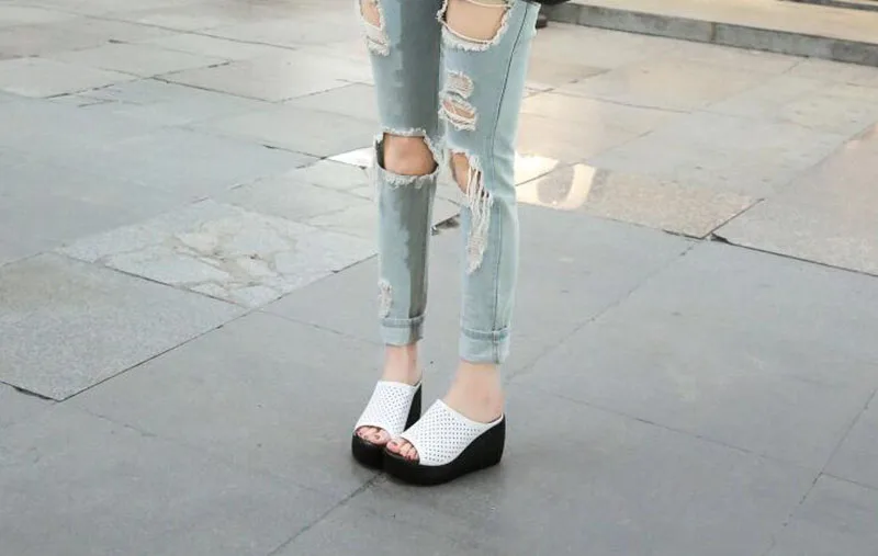 

KNCOKAR 2018 Summer new style fashionable comfortable muffin slope heel fish mouth hollow real leather lady cool slipper