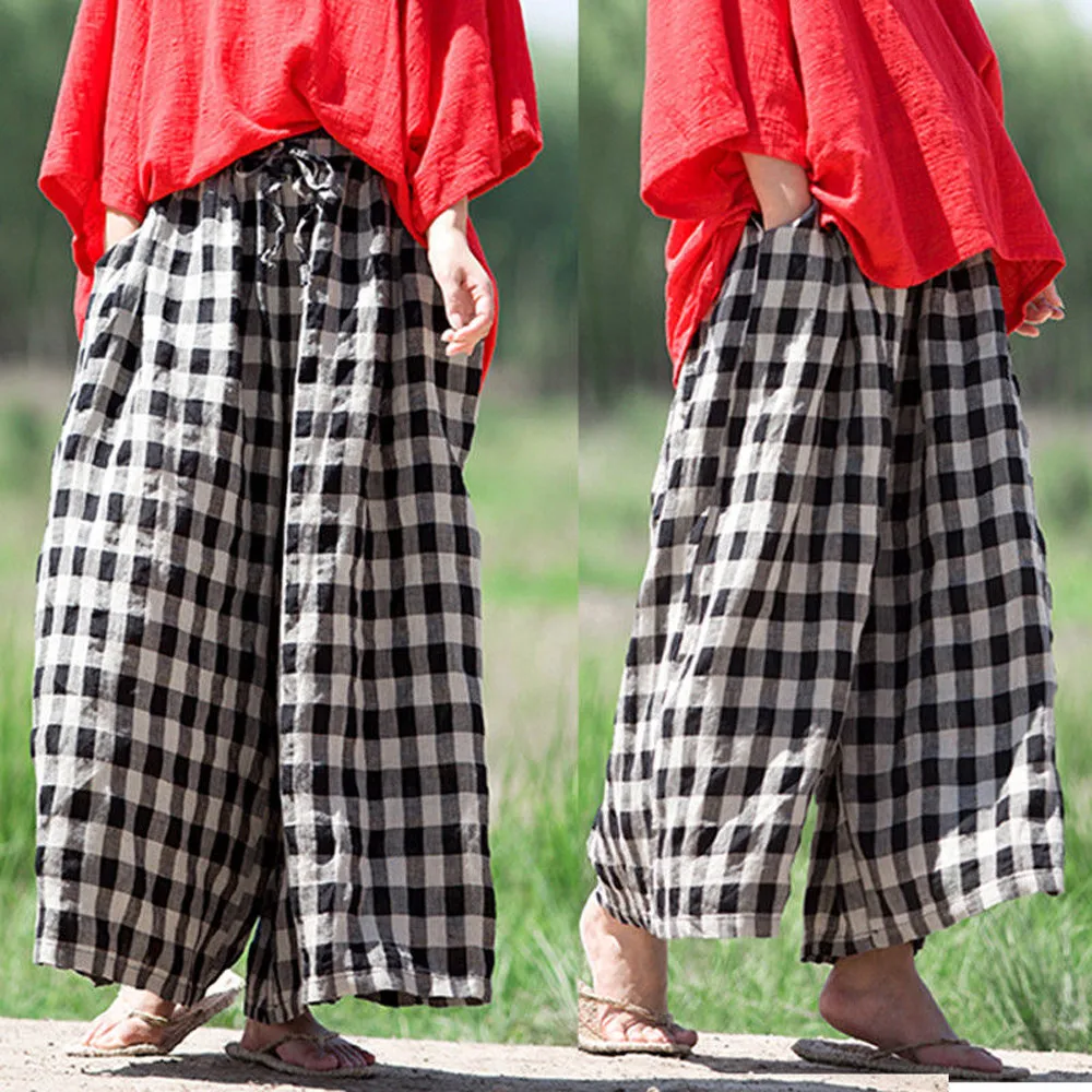 Женские хлопковые клетчатые длинные брюки Boho свободные с эластичной талией и
