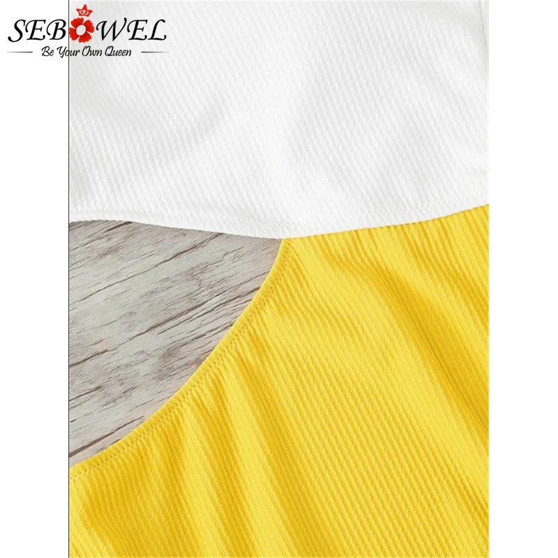 

SEBOWEL Sexy White Yellow Stitching Strapless Shoulder Bikini High Waist Push Up Bikinis Women Mini Swimwear Baadores Mujer