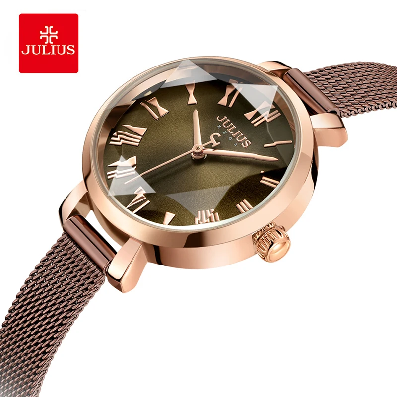 

Julius Elegant Roman Numeral Waterproof Quartz Wristwatches Woman 3D Table Mirror Mesh Belt Bracelet Watch Dress Watches