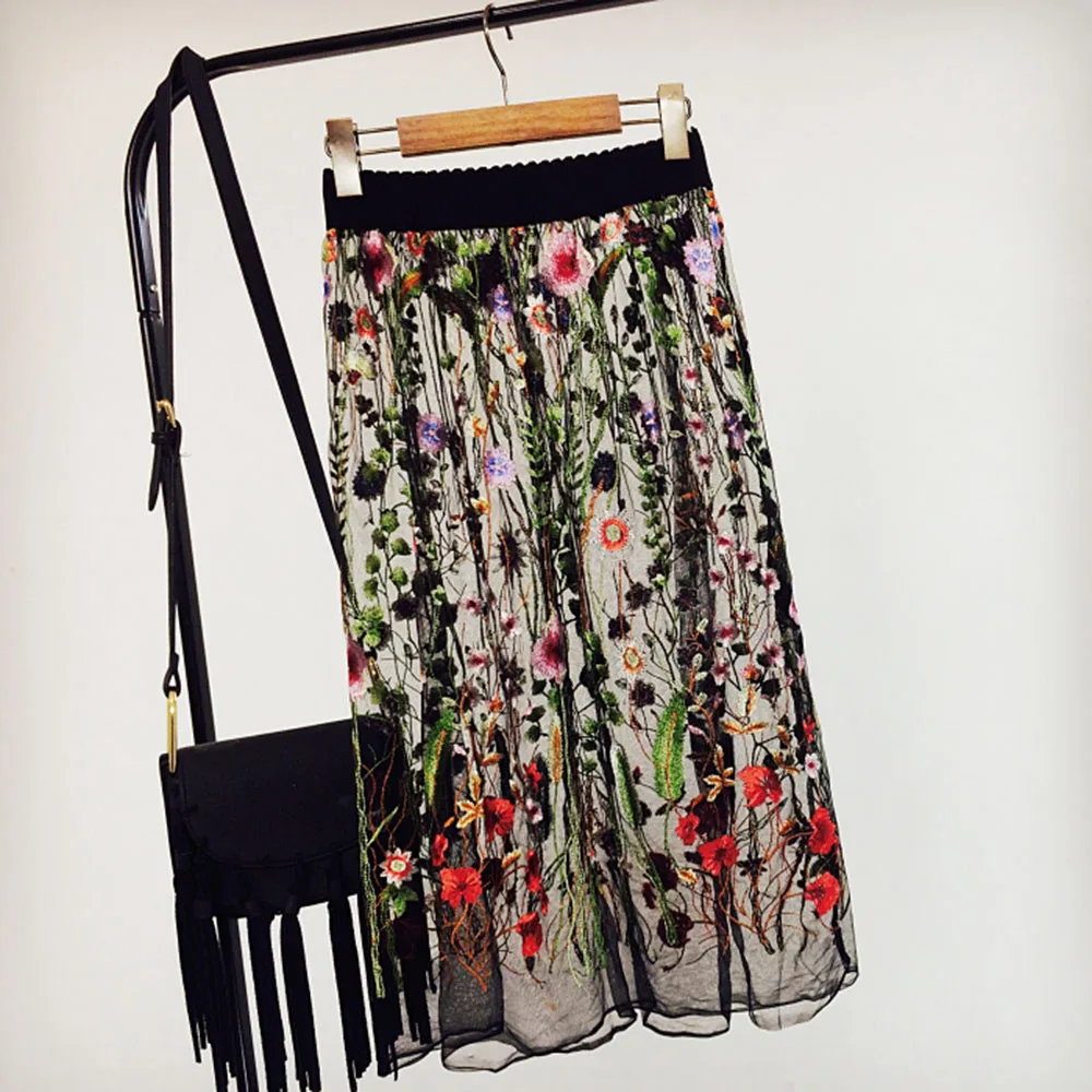 Летние Для женщин Юбка из сетчатой ткани Кружева Вышивка Цветочные прозрачный