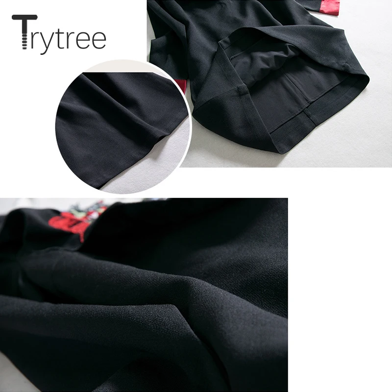 Trytree осеннее платье Винтаж полиэстер вышивка воротник Бисер прочные черные