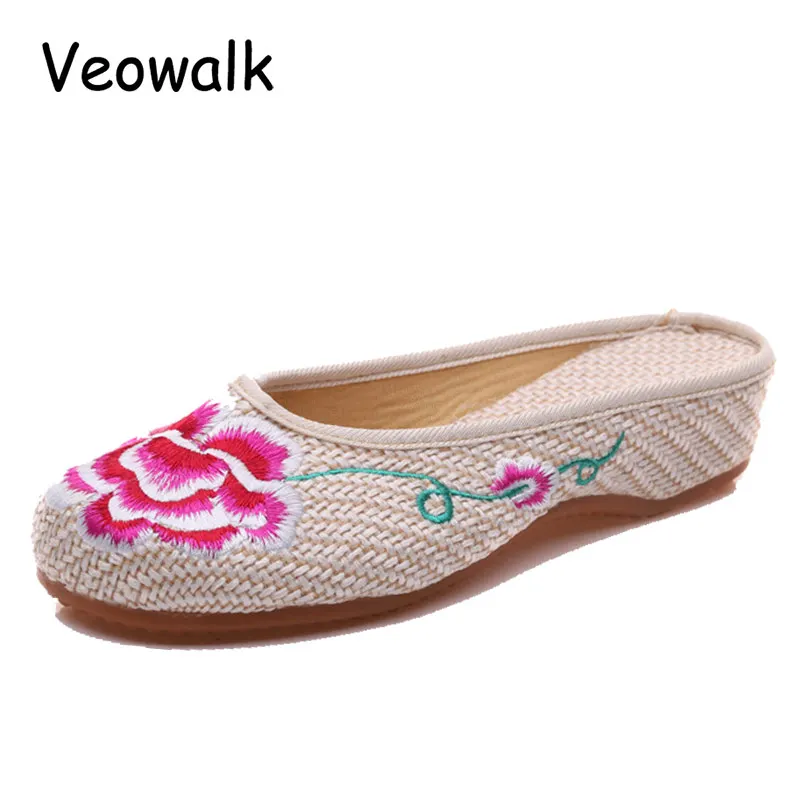 Винтажные женские льняные тапочки Veowalk ручной работы с цветочной вышивкой летние