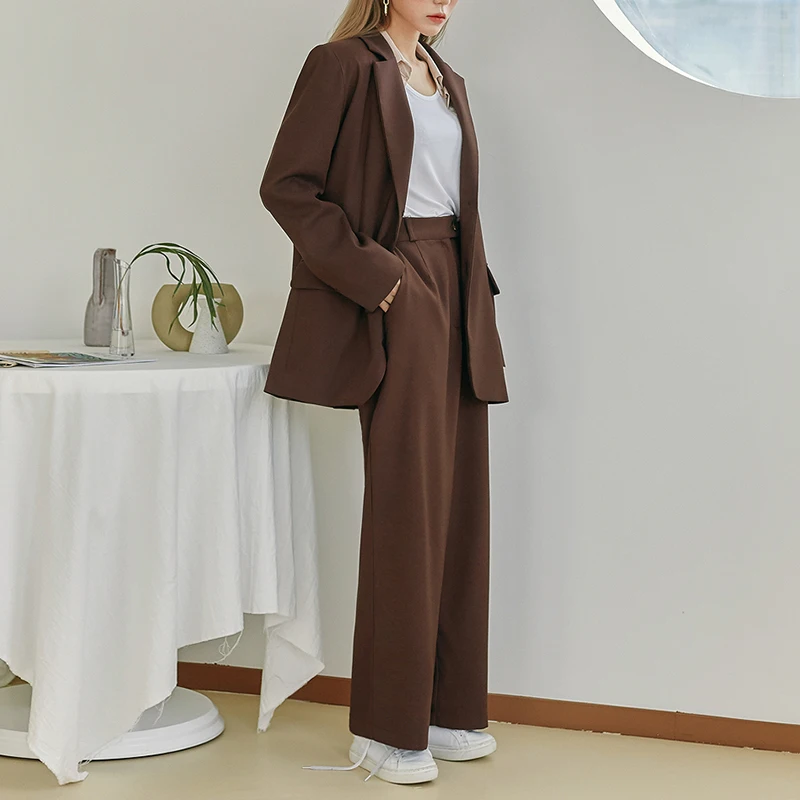 Винтаж Для женщин брюки костюм One Button Blazer куртка и эластичный пояс широкую ногу 2018