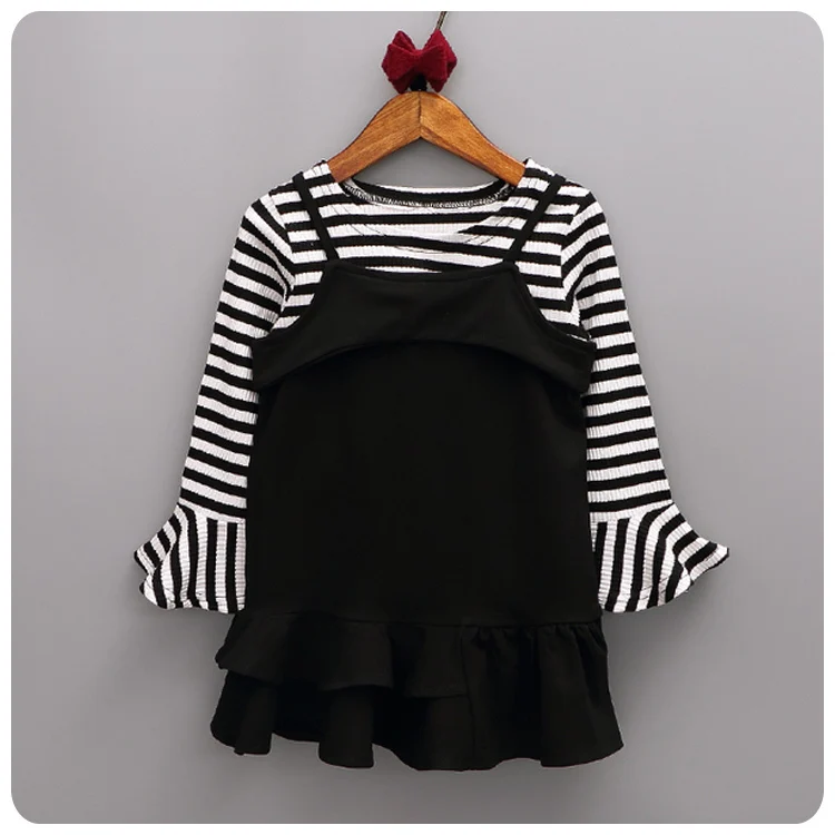 Girl Children's Garment Autumn 2 Pieces Set Girl Baby Stripe T-Shirt  Unlined Upper Jacket Straps Camisole Skirt Suit