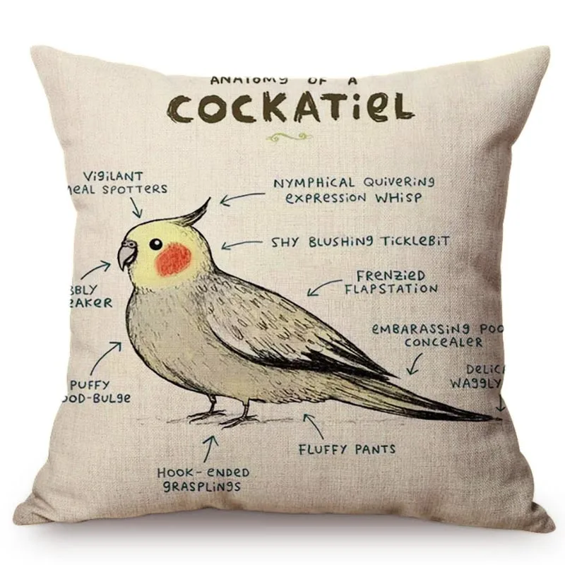 Милые животные Анатомия Cockatiel слон жираф корова единорог стиль Веселая наволочка