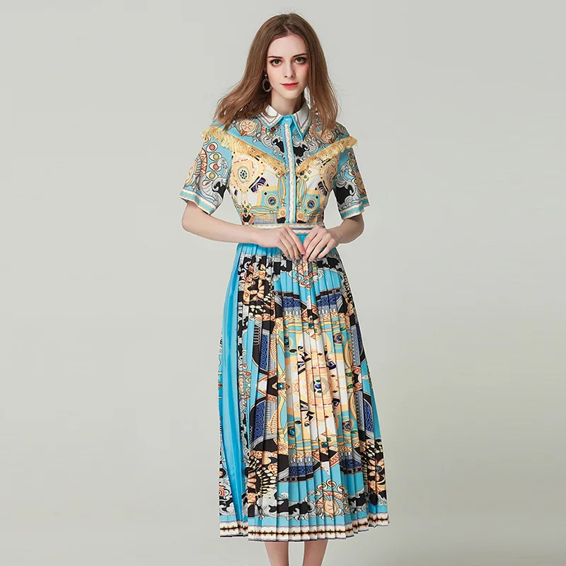 

spring and summer dresses for women 2019 short sleeves fashion elegant office lady Pleated Dress Print high-waist holiday