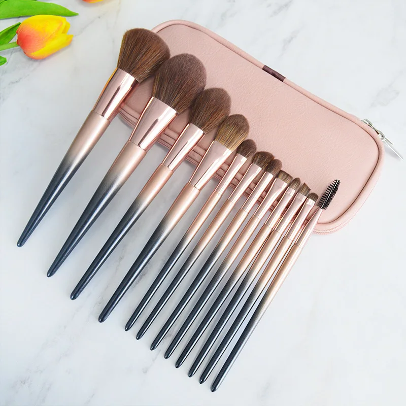 Professional 12Pcs Makeup Brushes Set Gradient Color Foundation Powder Blush Eyeshadow Cosmetic Brush Kit with Bag