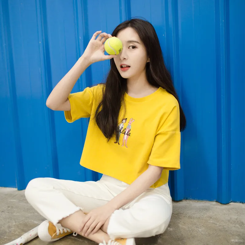 Merry Pretty Harajuku Стильная летняя женская футболка с мультяшной вышивкой Женская хлопковая футболка с коротким рукавом женские желтые Топы
