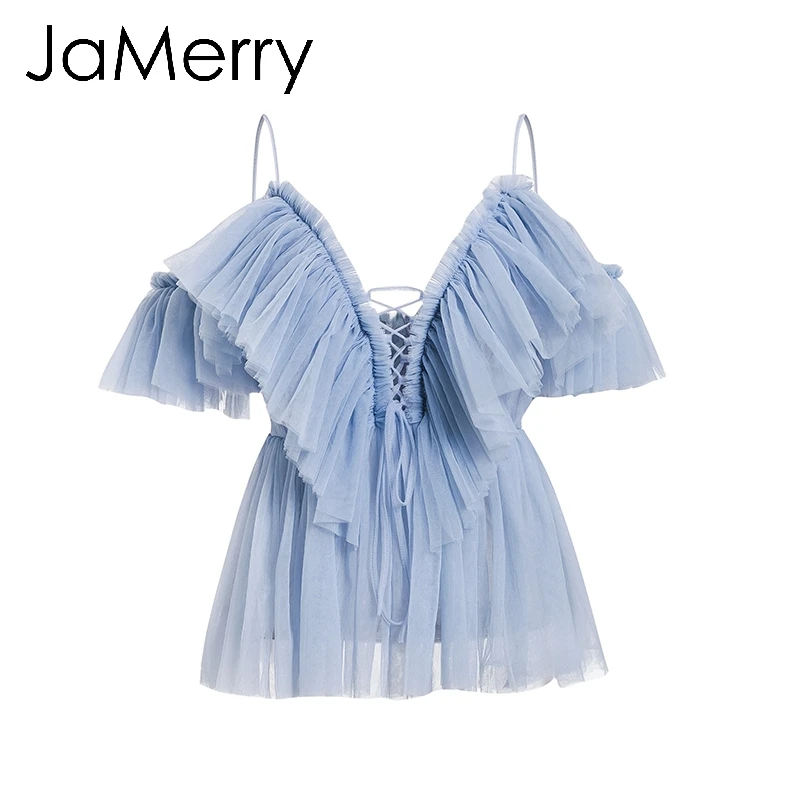 Синий JaMerry, винтажная, сексуальная, boho, сетчатая блузка, рубашка, женская, повседневная, одноцветная, с рюшами, рукав, элегантные топы, летние, на шнуровке, для девушек, blusas - Цвет: Синий