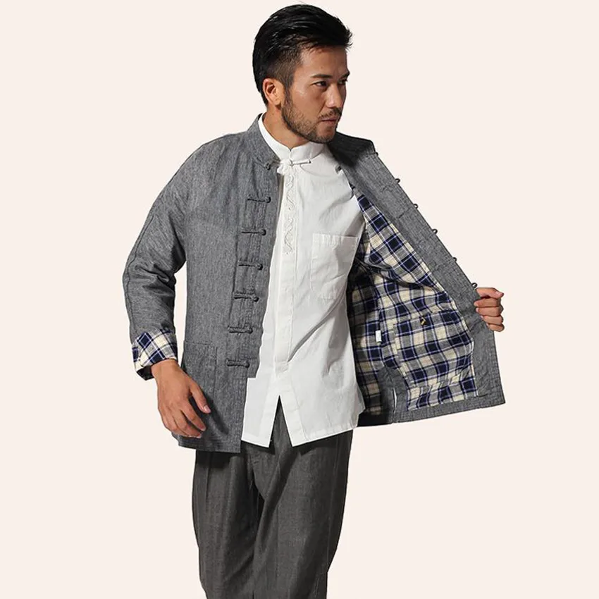 Горячая Распродажа серая китайская мужская куртка с воротником мандарин кунг фу