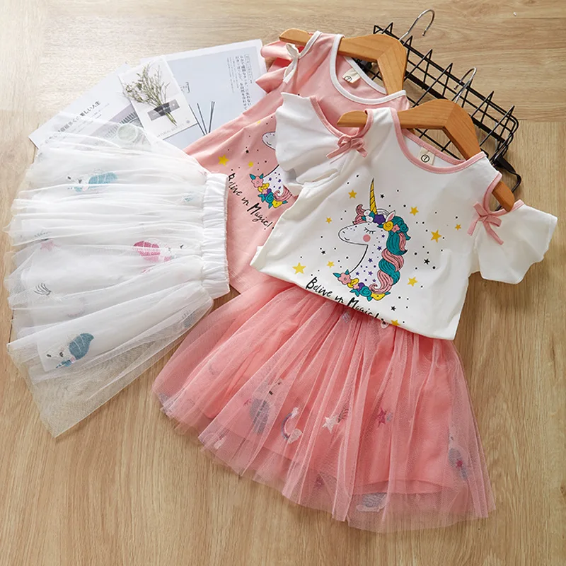 

Summer Baby Girls Clothing Set 2022 New Cute Cartoon Print Short Sleeves Bare Shoulders T-Shirt /Fashion Mesh Tutu 2-7 Years