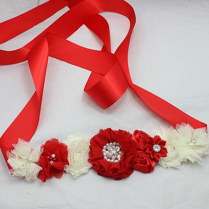 RED and ivory chiffon shabby Flower Sash belt Bridesmaid Bridal tulle Flower Belt Dress gown sash girl dress accessories