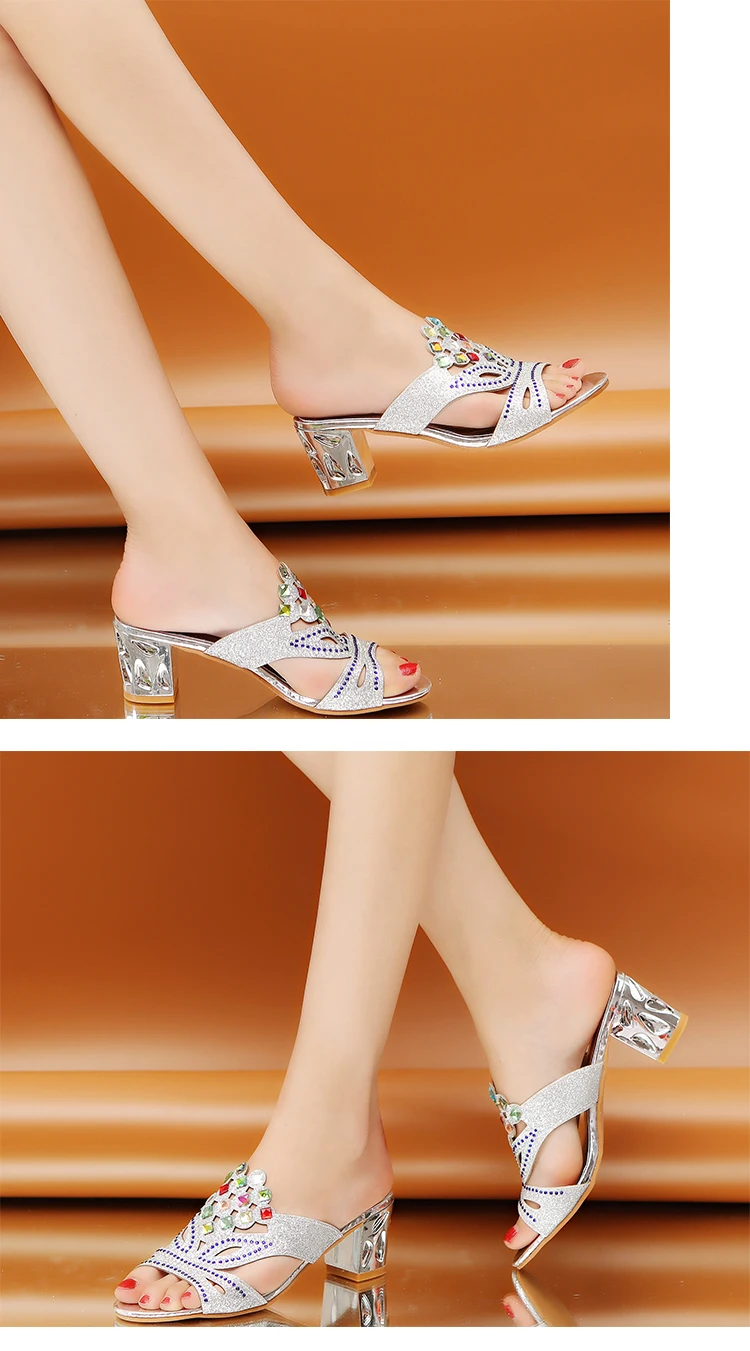 Women Summer Open Toe Chunky Heel Sandals Fashion Crystal Rhinestones Beach Flip Flops Slip On Outside Slides Shoes Woman F90273
