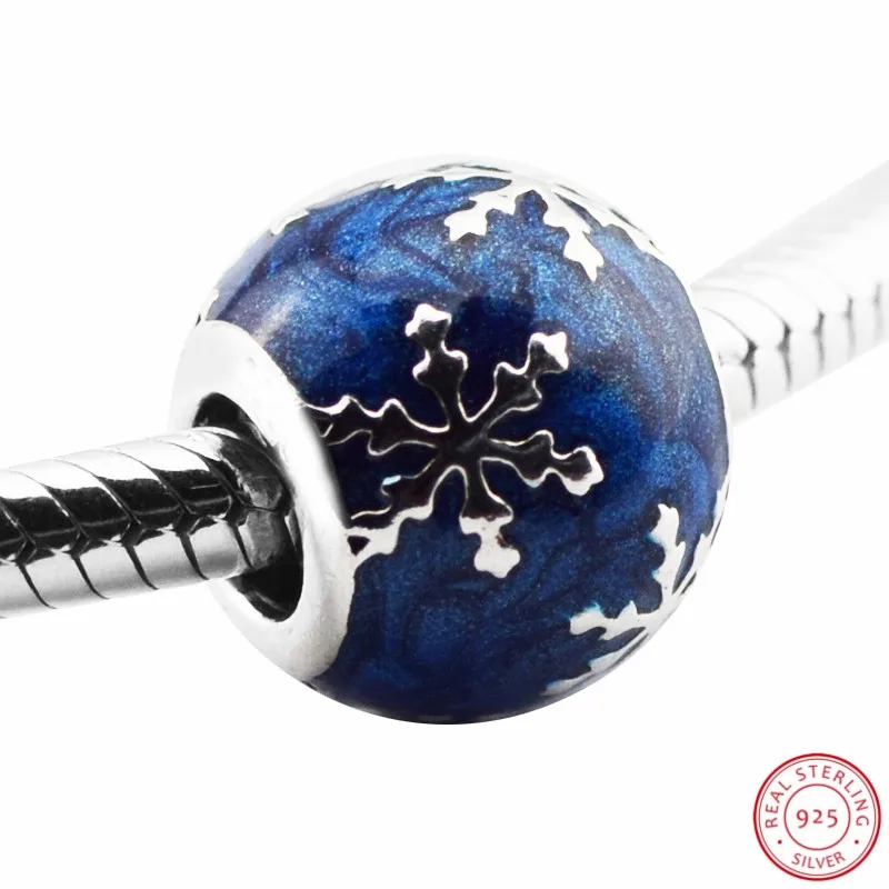 Идеальный Снежинка бусины покрыты темно синей эмалью DIY Fit PANDORA Подвески Серебро