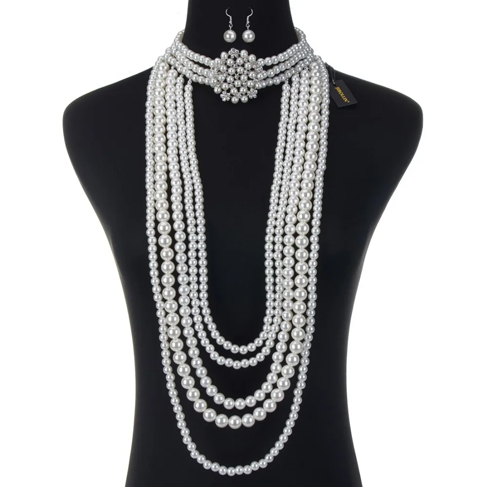 JEROLLIN Multi layers Pearl Beads Women Necklace Earring Jewelry Set Three Strands Pink Green beaded | Украшения и аксессуары