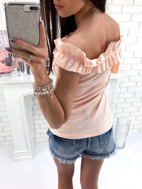 Волан Топы Лето Женщин Футболки Рюшами Slash Шеи С Коротким Рукавом Camisetas Сплошной