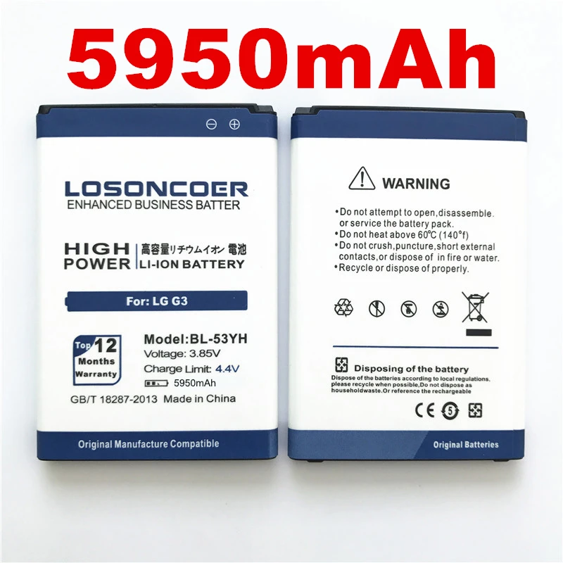 losoncoer 5950 мА/ч, BL-53YH Батарея для LG G3 Батарея D858 D855 D857 D859 D850 F400 F460 F470 D830 D851 VS985 LS990