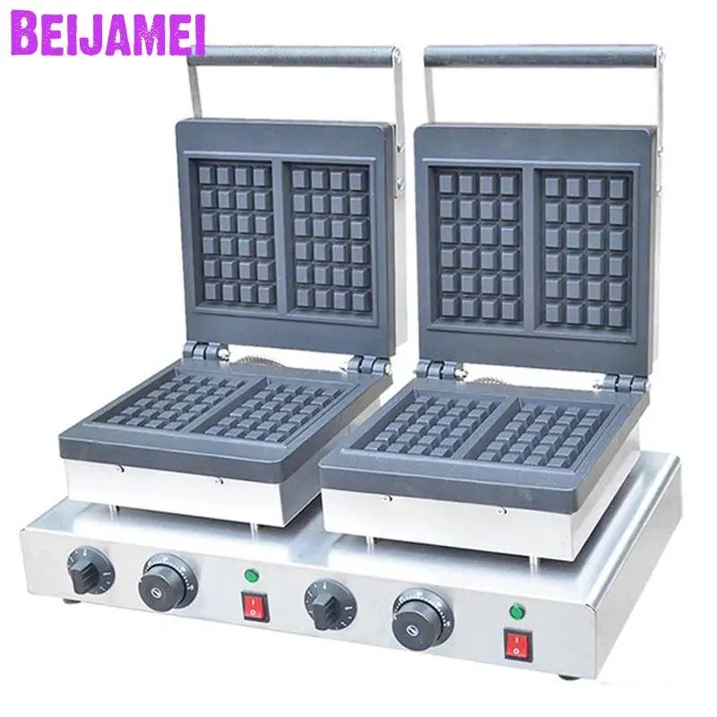 

BEIJAMEI Wholesale Double Head Square Waffle Maker Machine Electric 220V 110V Belgian Waffle Baking Making Machines