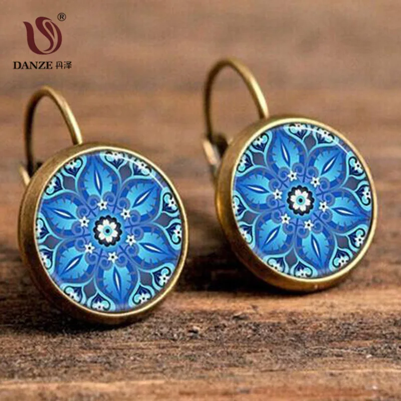 DANZE синий Калейдоскоп висячие серьги мандала цветок стекло Кабошон Подвеска для