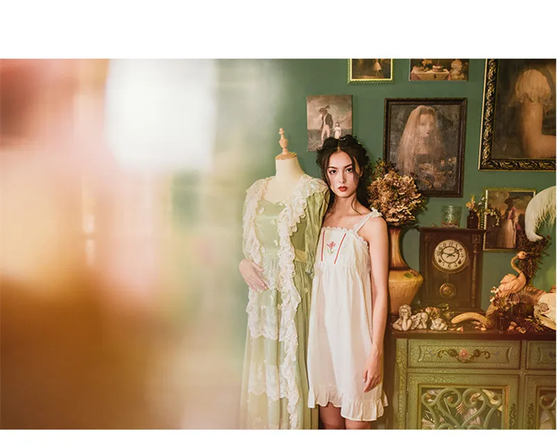Two Pieces Sleepwear Women Robe Gown Sets Floral Kimono Long Strap Ruffle Night Mini Dress Cotton Nightgown Peignoir Set T183
