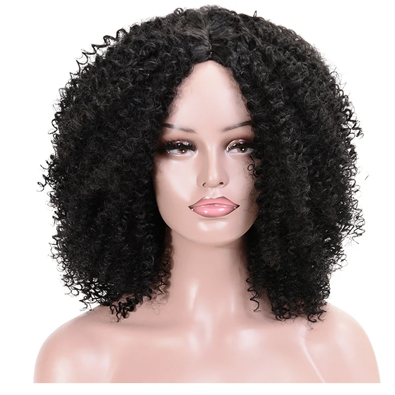 

Deyngs Natural Brown/ Black O Hair Short Afro Kinky Curly Wigs Natural 16 Inches Synthetic Wigs for African American Women