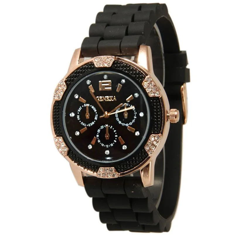 Black Горячая распродажа новые женские часы с хронографом из белого розового золота силиконовые часы со стразами Прямая поставка Модные 2 цвета B5 - Цвет: Black