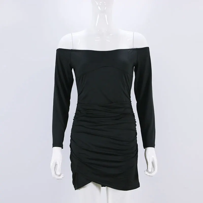2018 BKLD Long Sleeve Mini Dress Womens Autumn Winter Dresses Women Sexy Party Black Pink Grey Off the shoulder Bodycon | Женская одежда