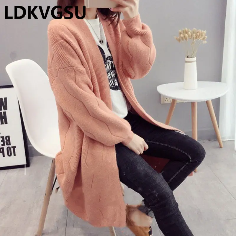 

2018 Autumn Winter New Korean Women Loose Plus Size Sweater Cardigan V-neck Lantern Sleeves Solid Color Warm Sweater Coat Is841