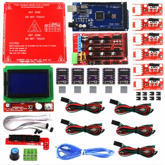 Комплект Reprap Ramps 1,4 с Mega 2560 r3+ Heatbed MK2B+ 12864 ЖК-контроллер+ DRV8825+ механический переключатель+ кабели для 3D-принтера