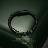 reamor forest green natural stone texture bracelets men retro genuine braided leather stainless steel embedded clasp bangles